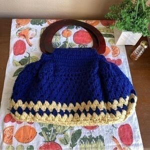 Vintage navy and yellow crocheted purse